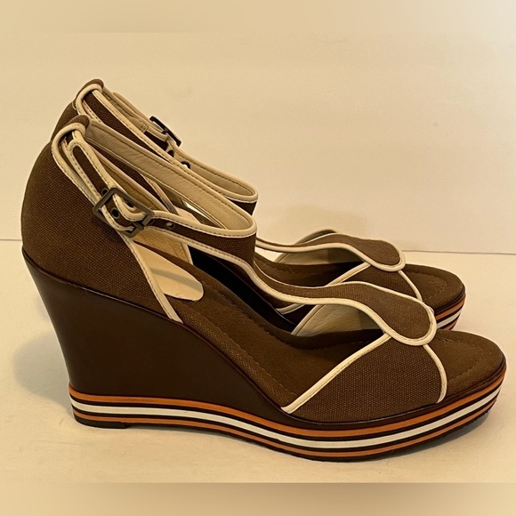 Cole Haan G Series Brown Canvas Stripes Peep Toe Wedge Heel Sandal - Picture 3 of 17